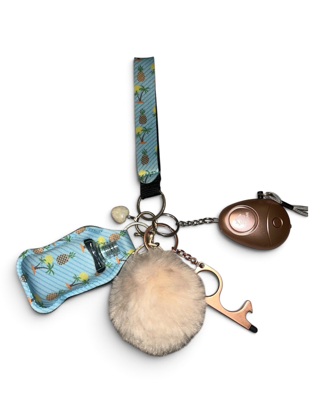 Blue Pineapple Wristlet Keychain with Pom Pom and Touch Tool
